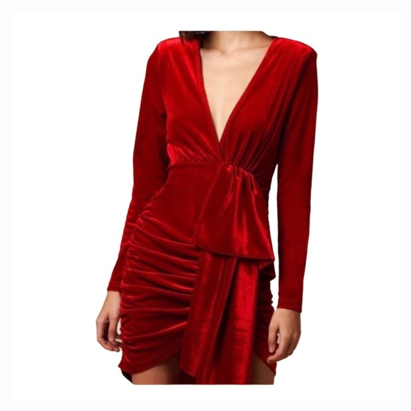New! choosy Red Velvet Ruched Plunge Neckline Dress Women’s Size Small - Picture 8 of 8